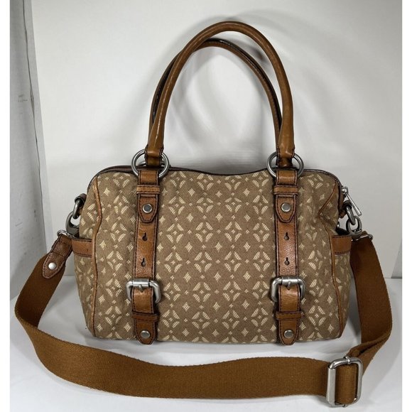 Fossil Brown Patterned Fabric and Leather Satchel Shoulder Bag - Picture 2 of 12